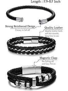 3入組不鏽鋼編織皮革手鍊,男女皮革手腕帶手鐲,扣環7.5-8.5英寸 - 黑色 - 查看 3