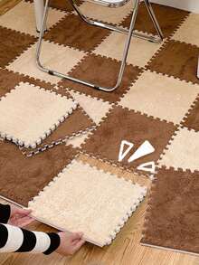 4pcs/set Dual-color Plush Rug Carpet Mats, Khaki & Rusty Brown, Puzzle Foam Mats For Home Decor, Bedroom, Household, Nursery, Multicolor - White - View 2