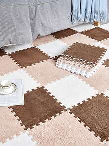 4pcs/set Dual-color Plush Rug Carpet Mats, Khaki & Rusty Brown, Puzzle Foam Mats For Home Decor, Bedroom, Household, Nursery, Multicolor - White - View 3