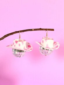 1對創意歐美風格牛仔帽迪斯可鏡面球吊墜耳環 - 牛仔帽Disco鏡面球 - 查看 5