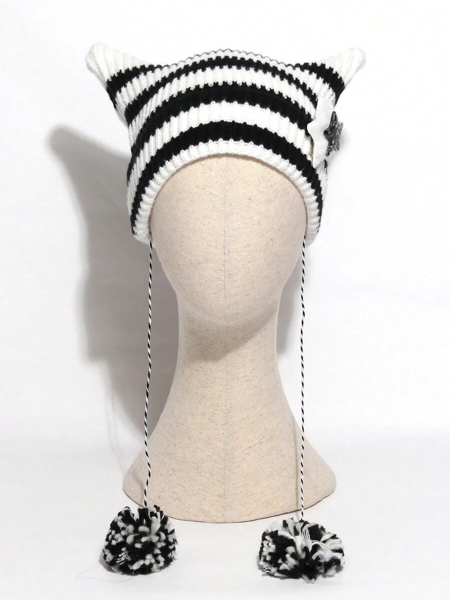 Gorro De Lana Tejido Cálido Con Orejas De Gato - Blanco - Ver 1