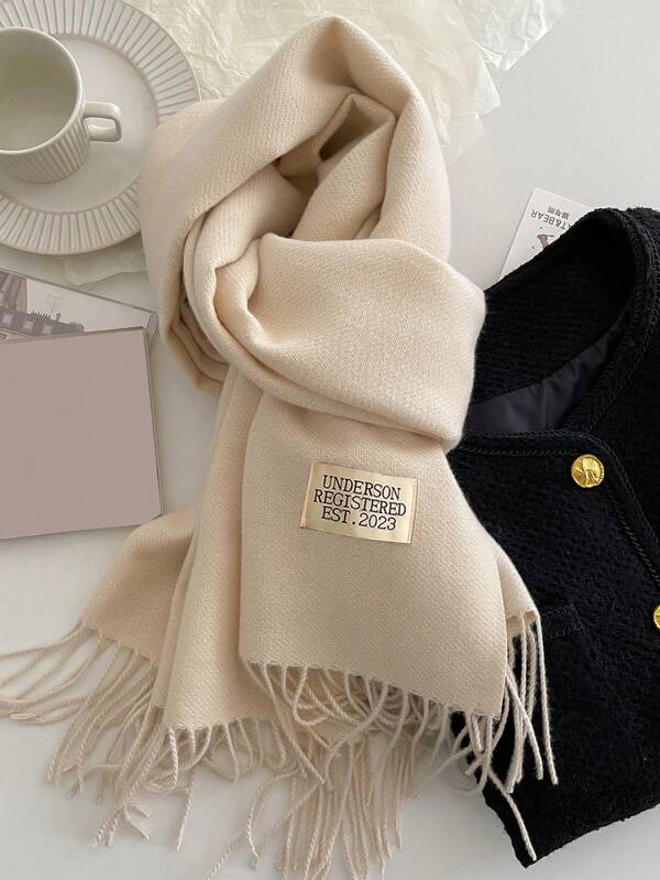 1 Pc Women Winter Scarf Beige Faux Cashmere Shawls And Wraps Thick Warm Lady's Fashion Solid Colors Double-Side Blanket Outdoor Stoles With Tassels Muffler Accessories Women