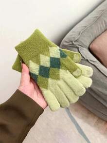 1對女士毛絨冬手套,鑽石方格設計,顏色碰撞,保暖防寒 毛絨針織觸控手套 適合男女戶外騎行和滑雪 - 綠色 - 查看 10