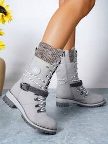 2025 Winter New European & American Style Lace-Up Knit Patchwork Riding Boots, Warm & Anti-Slip Casual Fashion Mid-Calf Boots For Women - Grey - View 4