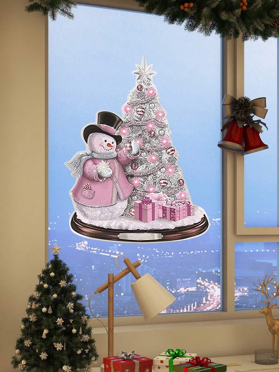 1 Pieza Pegatina Para Ventana Y Puerta De Muñeco De Nieve Rosa, Decoración Navideña - Multicolor - Ver 1