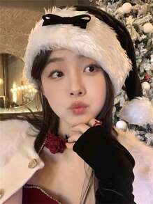 christmas hat, red plush bow, santa hat, cos costumes, women's dress up accessories, headwear, hair accessories, accessories