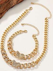 1 Conjunto/kit Pulseira De Bracelete Com Diamantes Incrustados E Colar Brilhante Banhado A Ouro 14k Acessório
