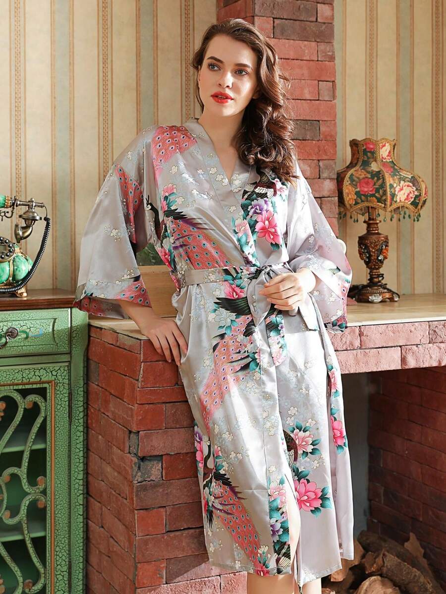 1pc Long Peacock Printed Women's Robe - Grey - View 1