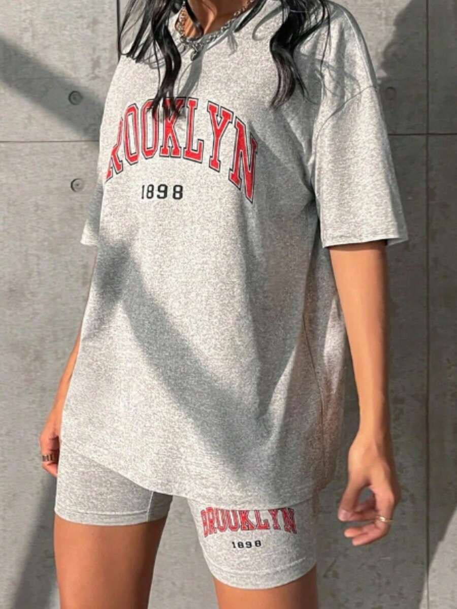 Conjunto De 2 Piezas Blusa OverSize De Moda + Short Biker Diseños Casuales Combinables - Gris - Ver 1