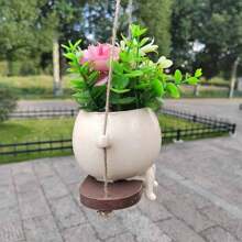 跨境2021新搖擺微笑花盆裝飾,樹脂工藝適用於花園景觀,可愛多肉盆栽 - 米色 - 查看 5