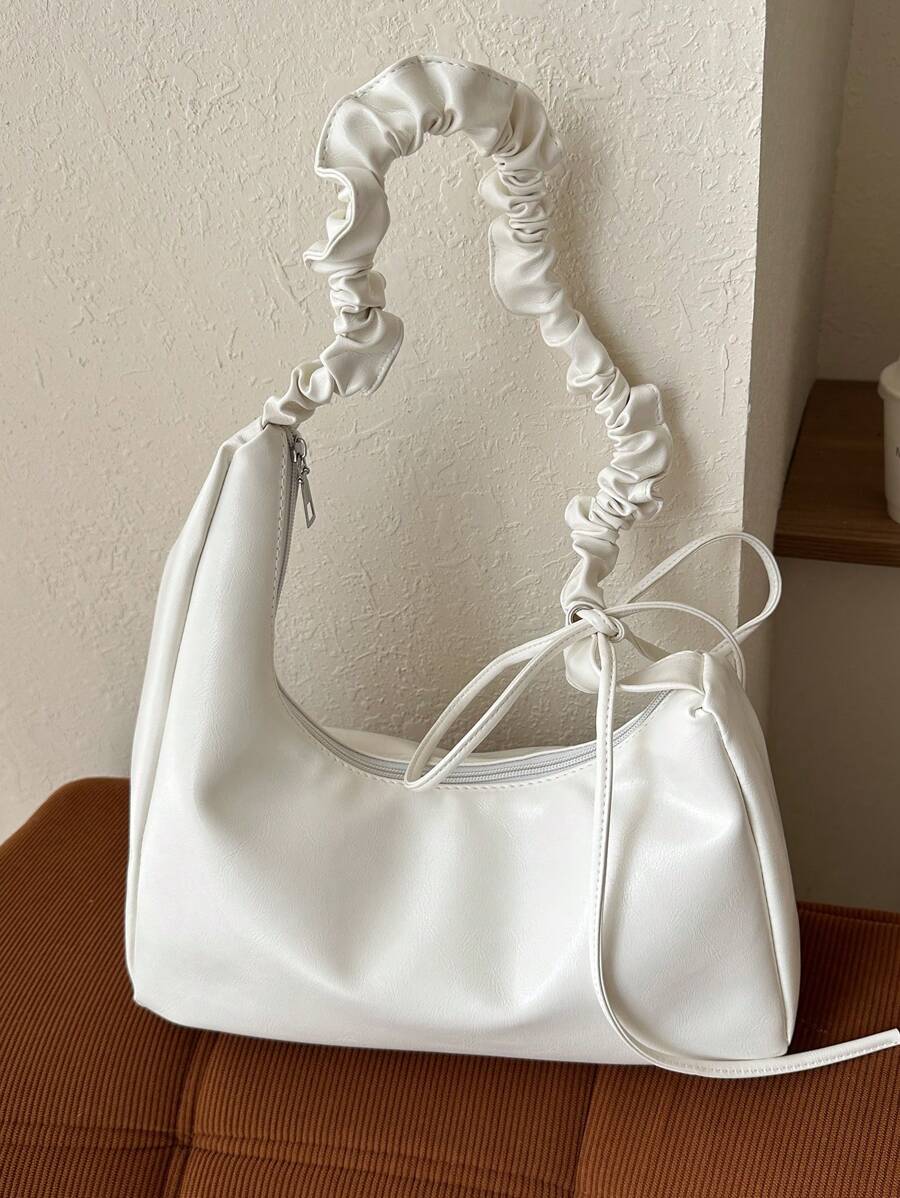 1pc Solid Color Elegant Pleated Foldover Clutch Shoulder Bag, Suitable For Daily Use, Date, Gift For Women - White - View 1