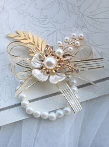 1pc Champagne Elastic Faux Pearl Bracelet, Suitable As Bridesmaids & Sisters' Wrist Corsage, Perfect For Bridal Wedding, Photography Valentine's Day Valentines - Champagne - View 10