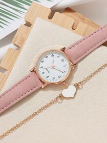 2pcs Women Watch PU Leather Strap Minimalist Quartz Watch, Paired With Heart-Shaped Charm Bracelet Watch Set Valentines
