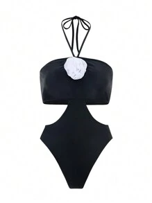 女 3d 花朵鏤空連身泳衣 - 黑色 - 查看 1