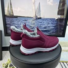 女性冬季老北京布鞋,加厚毛絨媽媽鞋,中老年人防滑柔軟底雪靴 - 紅色 - 查看 5