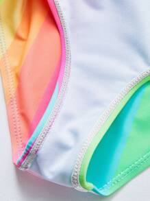 Young Girl Rainbow Striped & Letter Graphic Ruffle Trim One Piece Swimsuit