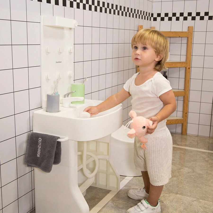 Adjustable Height Children's Bathroom Sink With Automatic Water Faucet, Electric Water On/Off, Lighting - For Toddlers 1-7 Years Old, No Installation Required - White - View 1