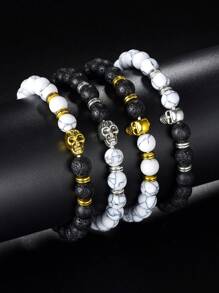 1pc Turquoise & Lava Stone & Skull Beaded Bracelet For Men, Suitable For Parties And Daily Wear - Multicolor - View 1