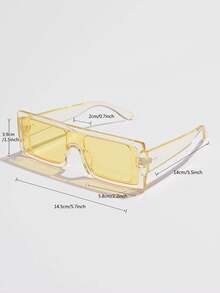 1入女款黃色塑料方形酷炫時尚太陽鏡,適合日常、戶外、度假,附眼鏡盒