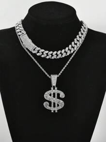 全串珠美元符號吊墜搭配鍍銀/鍍金鍊式項鍊,中性款,代表財富、自由、金錢和地位的象徵,送給孩子、朋友和戀人的完美禮物,適合所有季節和場合,街頭嘻哈項鍊珠寶套裝, 節日 - 銀色 - 查看 3