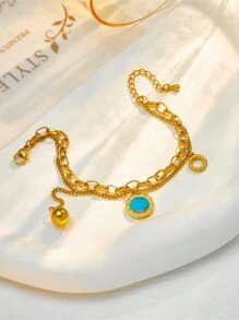 1pc Gold-Plated Titanium Steel Turquoise Roman Coin Pendant Chain Bracelet - Geometry - View 3