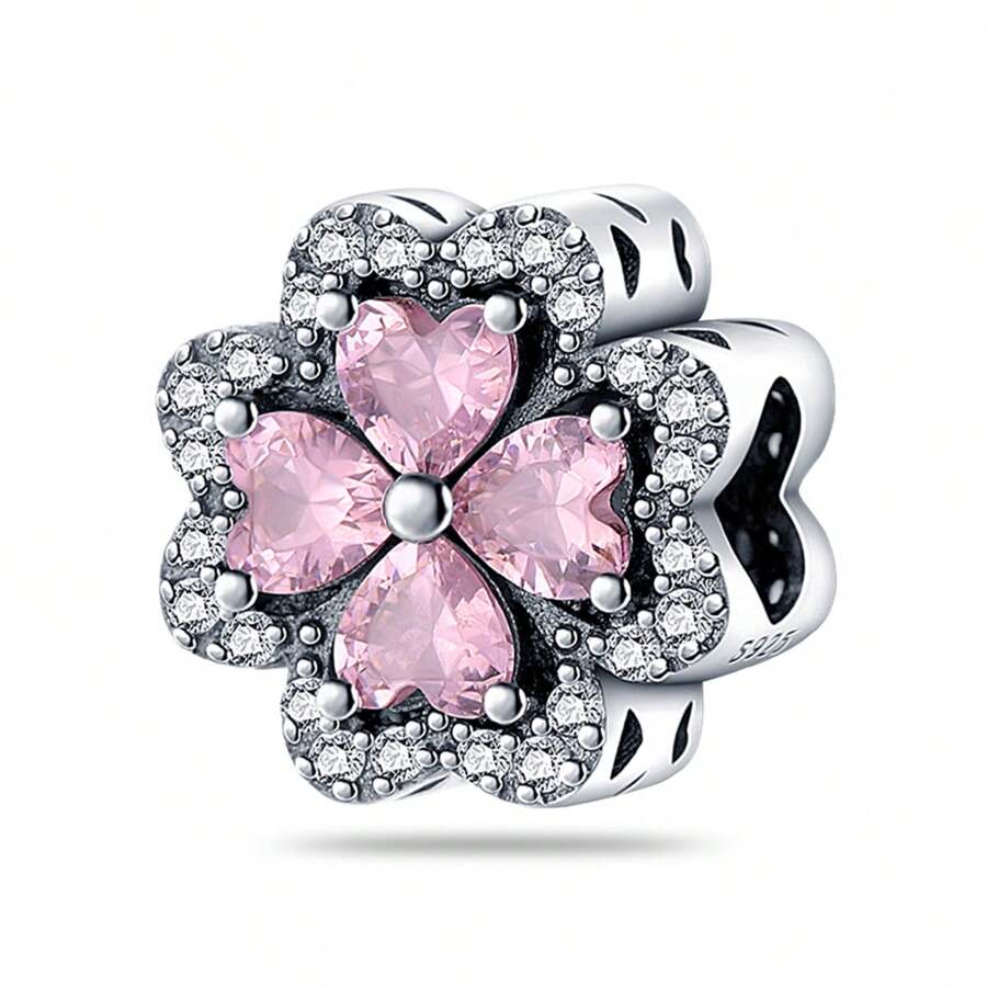 Silver Plated Charm Pink Rhinestone Four-Leaf Clover Flower Series Suitable For DIY Female Bracelet Pendants Valentines