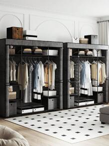 HaluPeit Wardrobe, Fabric Closet For Bedroom, 3 Clothes Rails With Nonwoven Cover, Clothes Storage Organization, 9 Compartments - 黑色 - 查看 2
