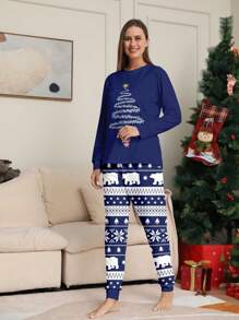 Christmas Family Matching Pajamas Set, Firework Printed Long Sleeve Top And Pants Homewear - Blue - View 4