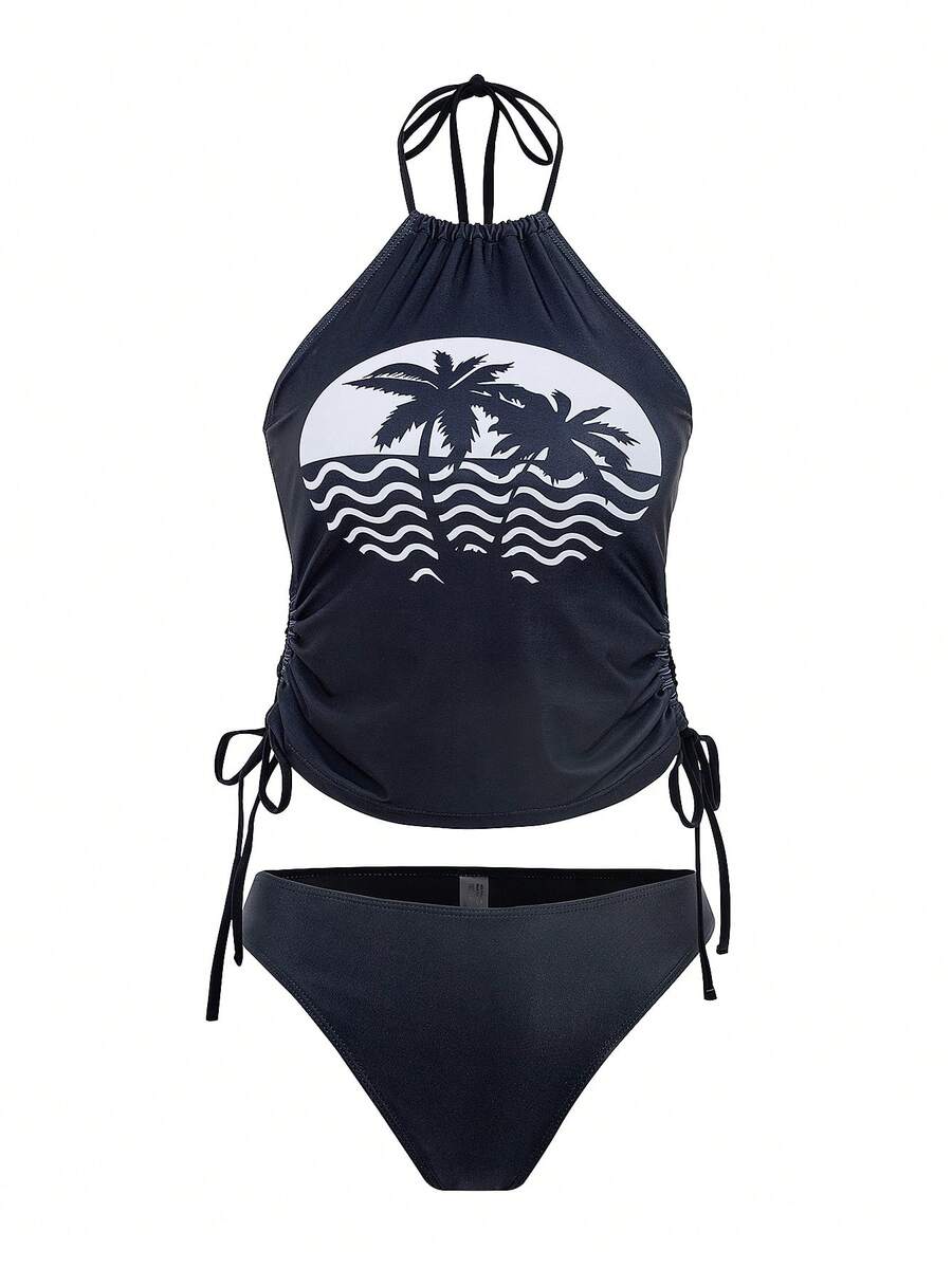 Đồ bơi rời cổ yếm in họa tiết màu trơn dành cho nữ - màu đen - Xem 1