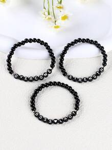 6mm Bright Black Glass Bead Boss Lady Strength Overcome Elastic Bracelet, Gift For Friends And Lovers - Black and White - View 12