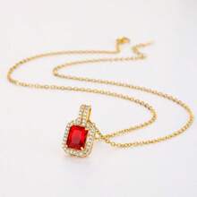 1件不锈钢18K镀金个性化方形吊坠项链，镶嵌满水钻，适合女性日常佩戴，是馈赠亲朋好友的绝佳礼物。 - 紅色 - 查看 6