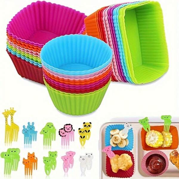 35pcs Silicone Muffin Cupcake Liners With Fruit Picks, Non-stick Reusable Baking Cups, Muffin Pans For Bread, Cupcakes, Jello, Ice Creams