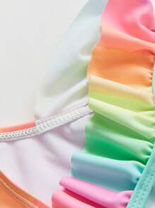 Young Girl Rainbow Striped & Letter Graphic Ruffle Trim One Piece Swimsuit