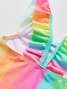 Young Girl Rainbow Striped & Letter Graphic Ruffle Trim One Piece Swimsuit
