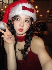 christmas hat, red plush bow, santa hat, cos costumes, women's dress up accessories, headwear, hair accessories, accessories