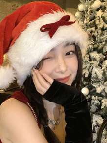 christmas hat, red plush bow, santa hat, cos costumes, women's dress up accessories, headwear, hair accessories, accessories