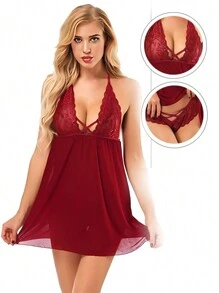 Sexy Lace Baby Doll (Mod. M07090) For Unforgettable Nights Honeymoon - Red - View 8