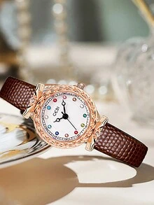 女士優質石英手錶,帶誕生石,時尚蛇紋牛皮錶帶,防水設計 - 玫瑰金 - 查看 1