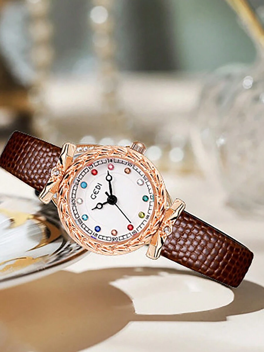 女士優質石英手錶,帶誕生石,時尚蛇紋牛皮錶帶,防水設計 - 玫瑰金 - 查看 1