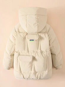 Tween Girl Letter Patched Raglan Sleeve Hooded Padded Coat - White - View 2