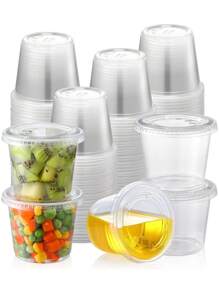 50 Sets Disposable Mini Plastic Souffle Cups With Lids- Jello Shot Cups, Jell-O Portion Cups, 5.5 Ounce/165ml Dipping Sauce Ramekins, Salad Dressing Container Cup,Small Plastic Condiment Containers School Supplies Food Bag Food Box Suitable For Candy Chocolate Cookies Etc.