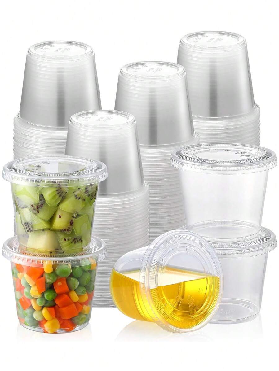 50 Sets Disposable Mini Plastic Souffle Cups With Lids- Jello Shot Cups, Jell-O Portion Cups, 5.5 Ounce/165ml Dipping Sauce Ramekins, Salad Dressing Container Cup,Small Plastic Condiment Containers School Supplies Food Bag Food Box Suitable For Candy Chocolate Cookies Etc.