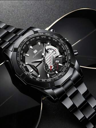 VA VA VOOM Va Va Voom Märke Modeklockor för män, svart stålbälte, vattentät, nattljus och datumvisning, lämplig för daglig dekoration