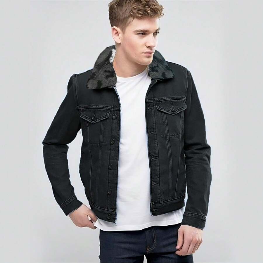 Men's Denim Jacket With Shearling Lining 1200 - 黑色 - 查看 1