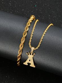 1 Set Cubic Zirconia Studded Crown & Letter Pendant Necklace With Stainless Steel Chain, And Matching Chain Bracelet, Unisex, Fashionable Accessory For Party, Banquet, And Casual Wear - Yellow Gold - View 1