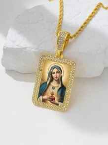 1件个性化信仰方形立方氧化锆人物吊坠，女士日常佩戴圣诞祈祷项链，18k镀金不锈钢 - 金色 - 查看 1