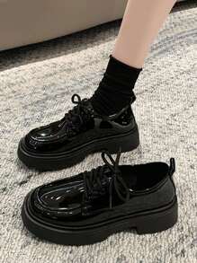 女校園風漆皮瑪莉珍鞋 繫帶圓頭厚底軟底黑鞋 秋冬