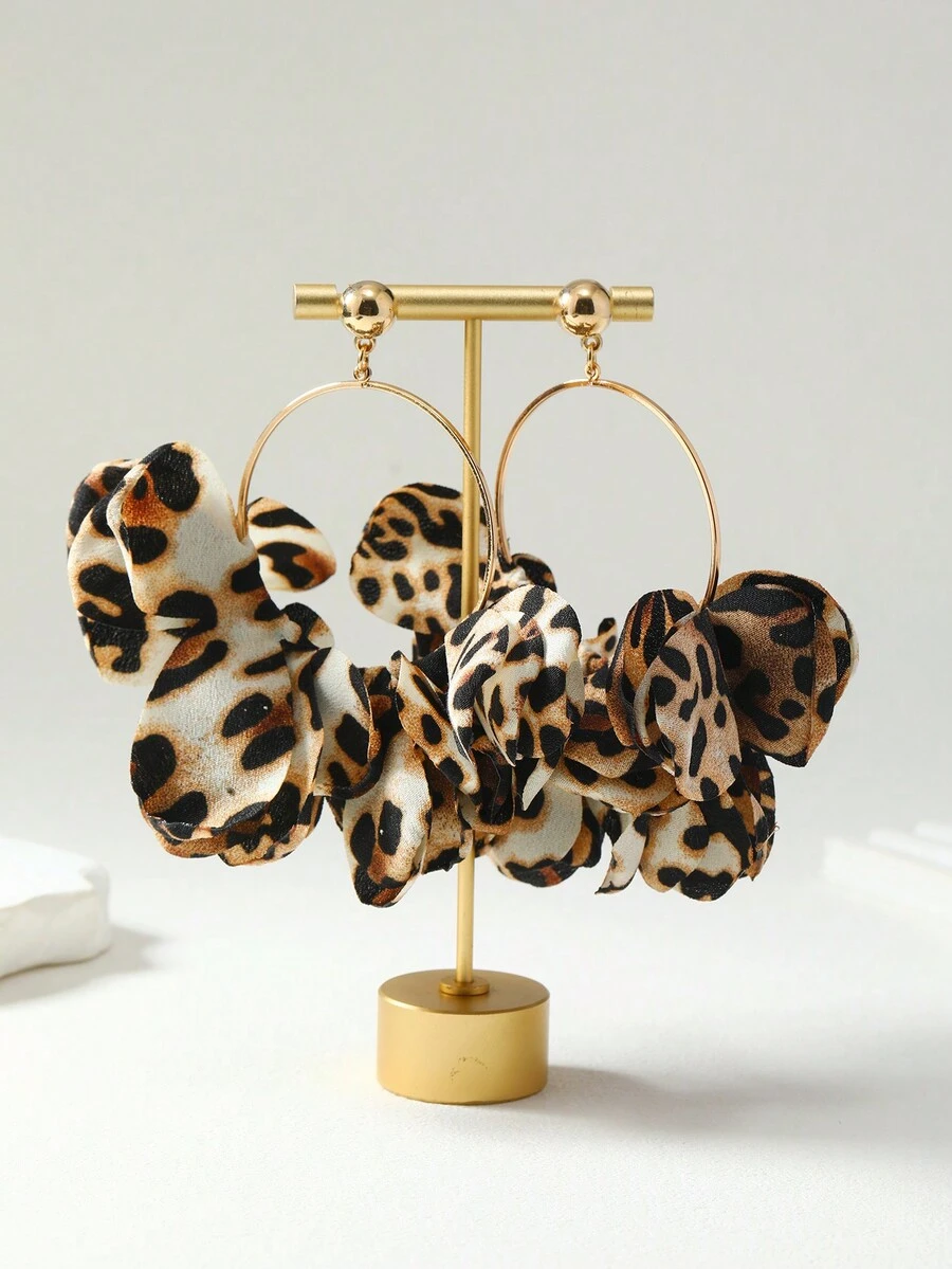 1雙時尚豹紋大圓環耳環,休閒穿搭 - 咖啡棕 - 查看 1