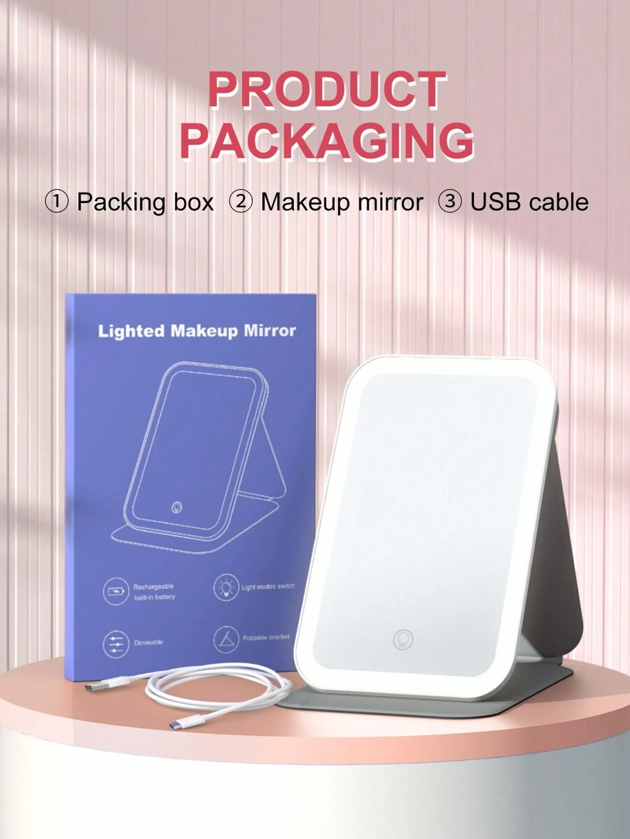 Vanity Mirror With Light Three Led Color Light Switch Dimming Square Leather Portable Folding Makeup Mirror