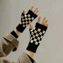 1對黑白棋盤格短款彈性半指手套,適用於秋冬季節 - 黑與白 - 查看 5